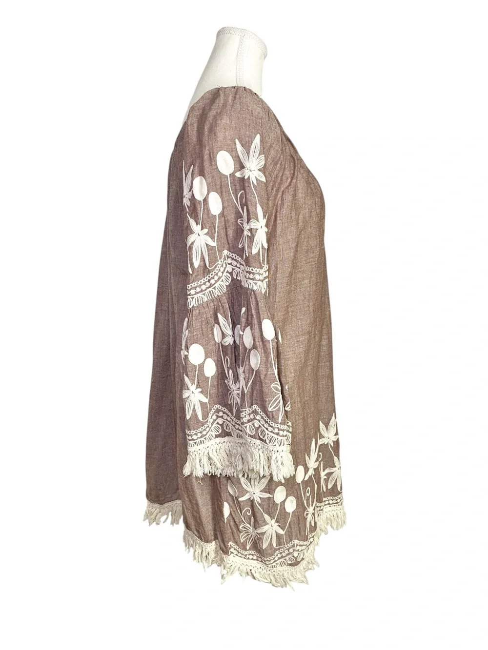 Indigo Soul Boho Embroidered Fringe Peasant Dress Brown Size XL